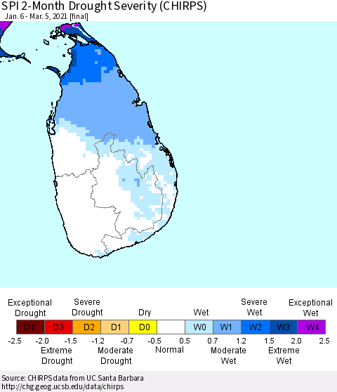 Sri Lanka SPI 2-Month Drought Severity (CHIRPS) Thematic Map For 1/6/2021 - 3/5/2021