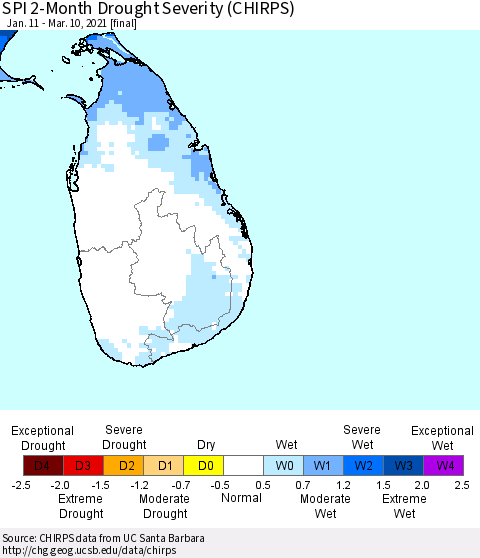 Sri Lanka SPI 2-Month Drought Severity (CHIRPS) Thematic Map For 1/11/2021 - 3/10/2021