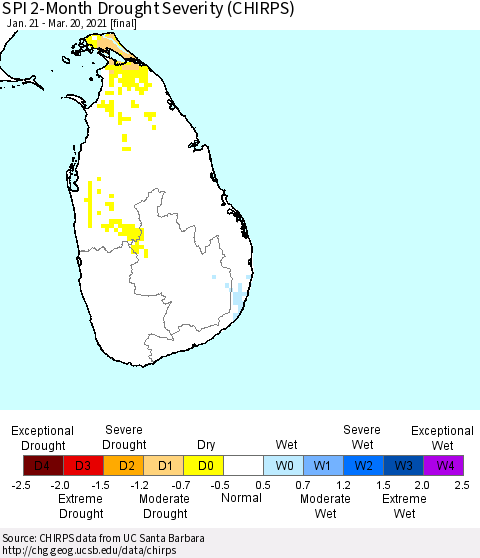 Sri Lanka SPI 2-Month Drought Severity (CHIRPS) Thematic Map For 1/21/2021 - 3/20/2021