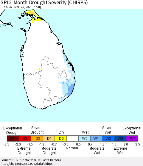 Sri Lanka SPI 2-Month Drought Severity (CHIRPS) Thematic Map For 1/26/2021 - 3/25/2021
