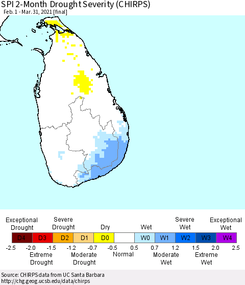 Sri Lanka SPI 2-Month Drought Severity (CHIRPS) Thematic Map For 2/1/2021 - 3/31/2021