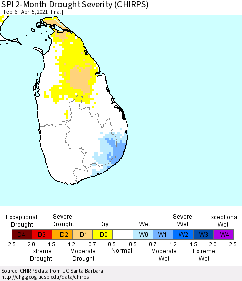 Sri Lanka SPI 2-Month Drought Severity (CHIRPS) Thematic Map For 2/6/2021 - 4/5/2021