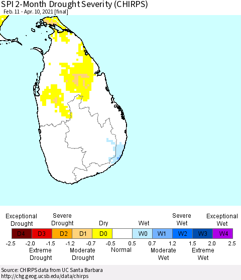 Sri Lanka SPI 2-Month Drought Severity (CHIRPS) Thematic Map For 2/11/2021 - 4/10/2021