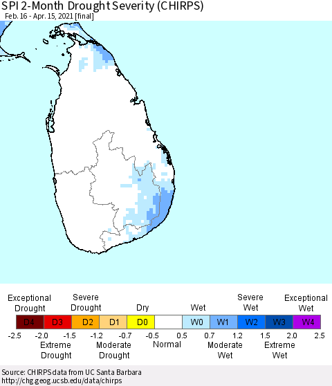 Sri Lanka SPI 2-Month Drought Severity (CHIRPS) Thematic Map For 2/16/2021 - 4/15/2021