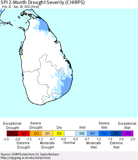 Sri Lanka SPI 2-Month Drought Severity (CHIRPS) Thematic Map For 2/21/2021 - 4/20/2021