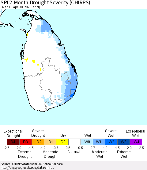 Sri Lanka SPI 2-Month Drought Severity (CHIRPS) Thematic Map For 3/1/2021 - 4/30/2021