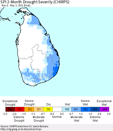 Sri Lanka SPI 2-Month Drought Severity (CHIRPS) Thematic Map For 3/6/2021 - 5/5/2021