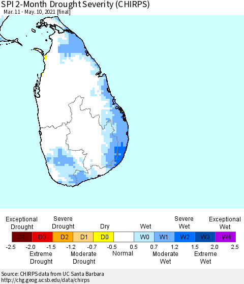 Sri Lanka SPI 2-Month Drought Severity (CHIRPS) Thematic Map For 3/11/2021 - 5/10/2021
