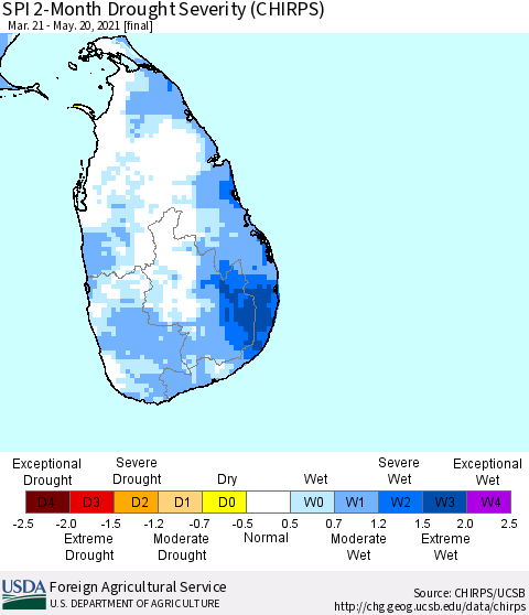 Sri Lanka SPI 2-Month Drought Severity (CHIRPS) Thematic Map For 3/21/2021 - 5/20/2021