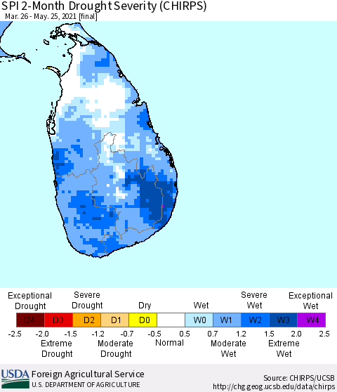 Sri Lanka SPI 2-Month Drought Severity (CHIRPS) Thematic Map For 3/26/2021 - 5/25/2021
