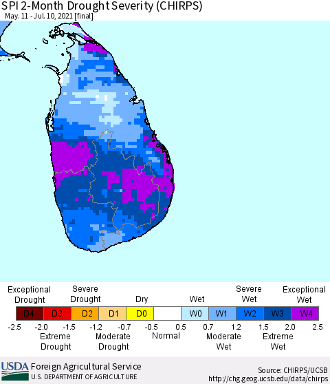 Sri Lanka SPI 2-Month Drought Severity (CHIRPS) Thematic Map For 5/11/2021 - 7/10/2021