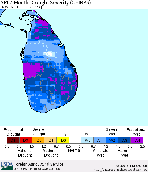 Sri Lanka SPI 2-Month Drought Severity (CHIRPS) Thematic Map For 5/16/2021 - 7/15/2021