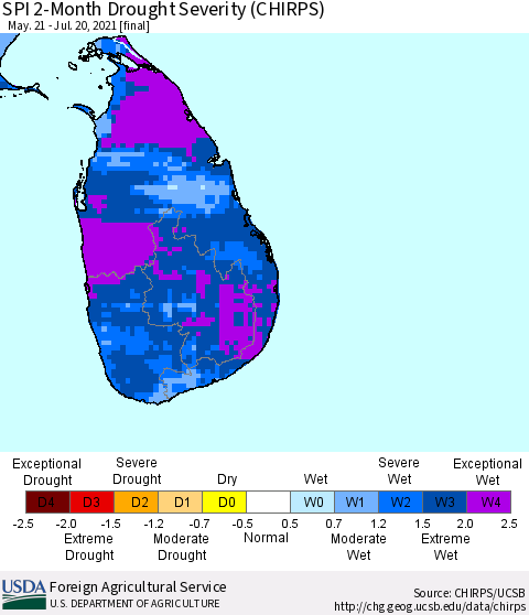 Sri Lanka SPI 2-Month Drought Severity (CHIRPS) Thematic Map For 5/21/2021 - 7/20/2021