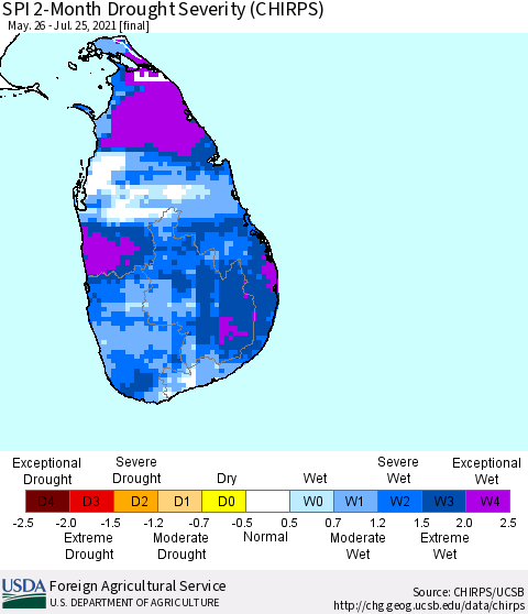 Sri Lanka SPI 2-Month Drought Severity (CHIRPS) Thematic Map For 5/26/2021 - 7/25/2021