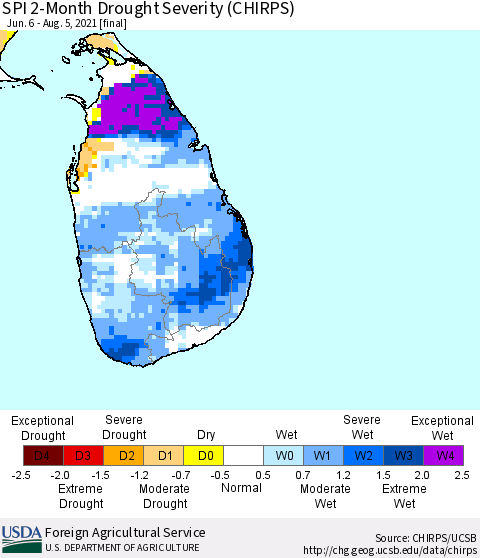 Sri Lanka SPI 2-Month Drought Severity (CHIRPS) Thematic Map For 6/6/2021 - 8/5/2021