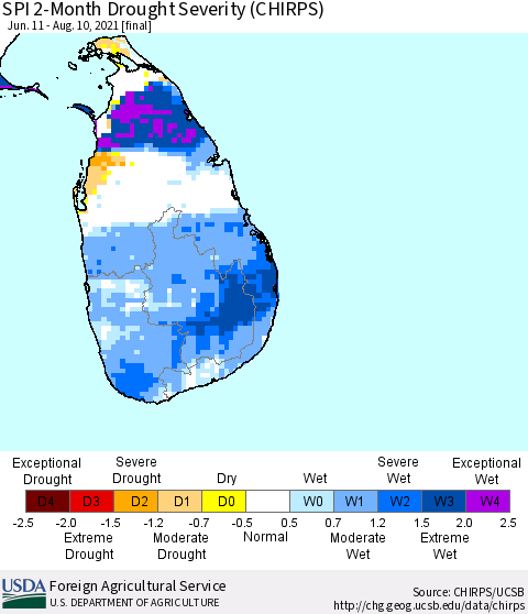 Sri Lanka SPI 2-Month Drought Severity (CHIRPS) Thematic Map For 6/11/2021 - 8/10/2021