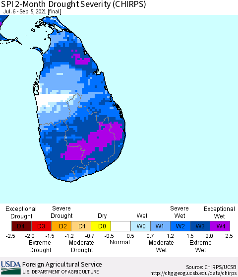 Sri Lanka SPI 2-Month Drought Severity (CHIRPS) Thematic Map For 7/6/2021 - 9/5/2021