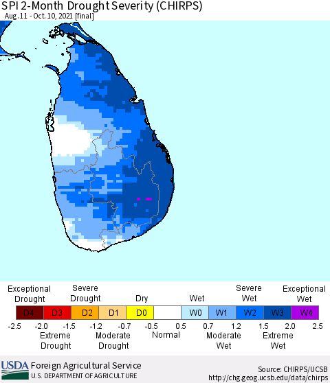 Sri Lanka SPI 2-Month Drought Severity (CHIRPS) Thematic Map For 8/11/2021 - 10/10/2021