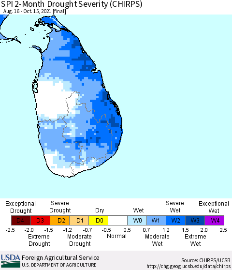 Sri Lanka SPI 2-Month Drought Severity (CHIRPS) Thematic Map For 8/16/2021 - 10/15/2021