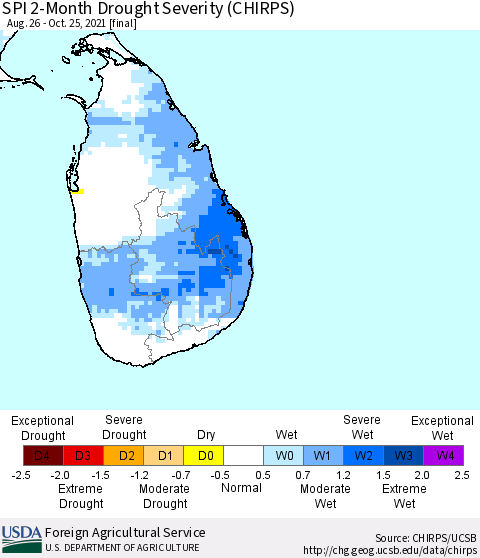 Sri Lanka SPI 2-Month Drought Severity (CHIRPS) Thematic Map For 8/26/2021 - 10/25/2021