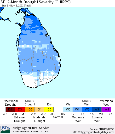 Sri Lanka SPI 2-Month Drought Severity (CHIRPS) Thematic Map For 9/6/2021 - 11/5/2021