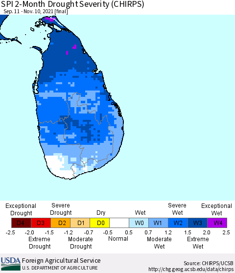 Sri Lanka SPI 2-Month Drought Severity (CHIRPS) Thematic Map For 9/11/2021 - 11/10/2021