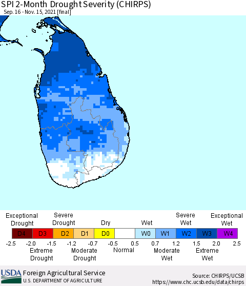 Sri Lanka SPI 2-Month Drought Severity (CHIRPS) Thematic Map For 9/16/2021 - 11/15/2021