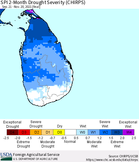 Sri Lanka SPI 2-Month Drought Severity (CHIRPS) Thematic Map For 9/21/2021 - 11/20/2021