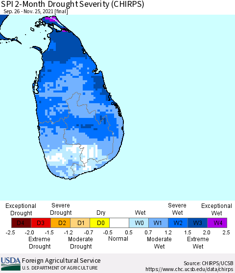 Sri Lanka SPI 2-Month Drought Severity (CHIRPS) Thematic Map For 9/26/2021 - 11/25/2021