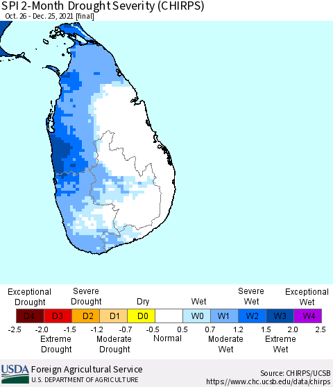 Sri Lanka SPI 2-Month Drought Severity (CHIRPS) Thematic Map For 10/26/2021 - 12/25/2021