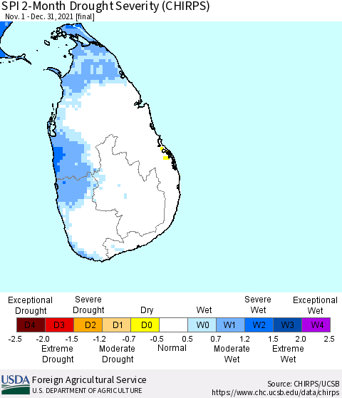 Sri Lanka SPI 2-Month Drought Severity (CHIRPS) Thematic Map For 11/1/2021 - 12/31/2021