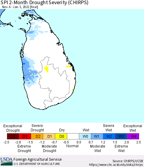 Sri Lanka SPI 2-Month Drought Severity (CHIRPS) Thematic Map For 11/6/2021 - 1/5/2022