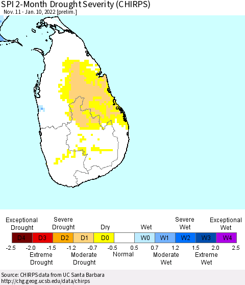 Sri Lanka SPI 2-Month Drought Severity (CHIRPS) Thematic Map For 11/11/2021 - 1/10/2022
