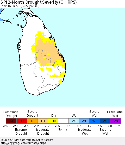 Sri Lanka SPI 2-Month Drought Severity (CHIRPS) Thematic Map For 11/16/2021 - 1/15/2022