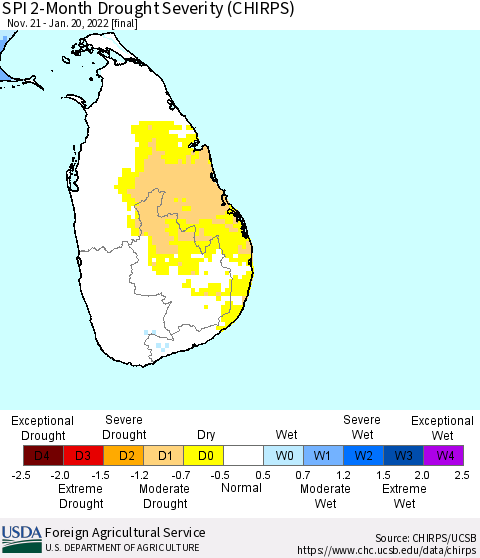 Sri Lanka SPI 2-Month Drought Severity (CHIRPS) Thematic Map For 11/21/2021 - 1/20/2022