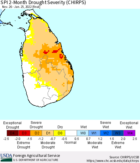 Sri Lanka SPI 2-Month Drought Severity (CHIRPS) Thematic Map For 11/26/2021 - 1/25/2022