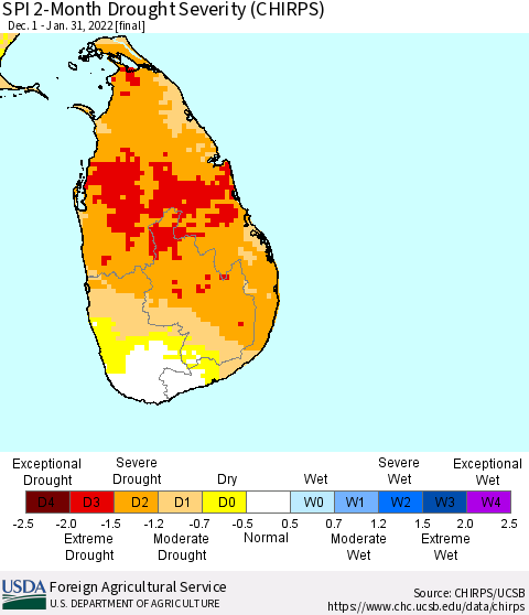 Sri Lanka SPI 2-Month Drought Severity (CHIRPS) Thematic Map For 12/1/2021 - 1/31/2022