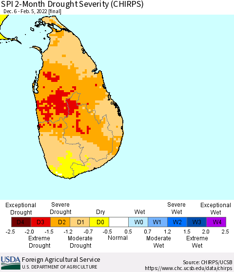 Sri Lanka SPI 2-Month Drought Severity (CHIRPS) Thematic Map For 12/6/2021 - 2/5/2022