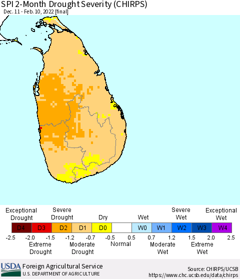 Sri Lanka SPI 2-Month Drought Severity (CHIRPS) Thematic Map For 12/11/2021 - 2/10/2022