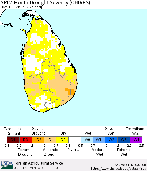 Sri Lanka SPI 2-Month Drought Severity (CHIRPS) Thematic Map For 12/16/2021 - 2/15/2022