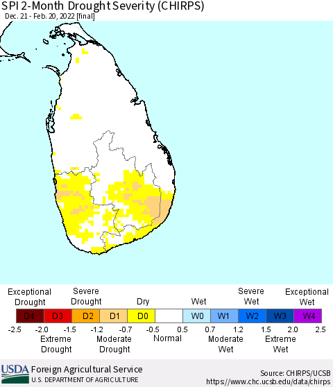 Sri Lanka SPI 2-Month Drought Severity (CHIRPS) Thematic Map For 12/21/2021 - 2/20/2022