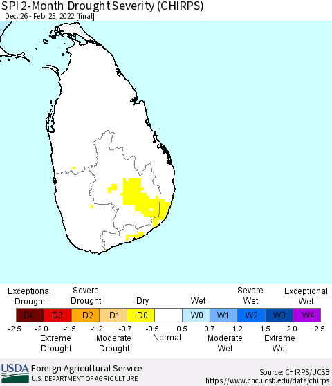 Sri Lanka SPI 2-Month Drought Severity (CHIRPS) Thematic Map For 12/26/2021 - 2/25/2022