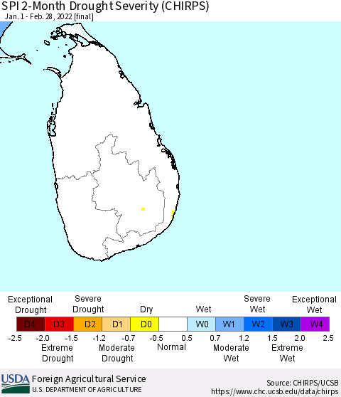 Sri Lanka SPI 2-Month Drought Severity (CHIRPS) Thematic Map For 1/1/2022 - 2/28/2022