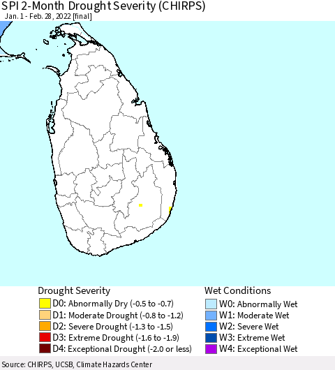 Sri Lanka SPI 2-Month Drought Severity (CHIRPS) Thematic Map For 1/1/2022 - 2/28/2022