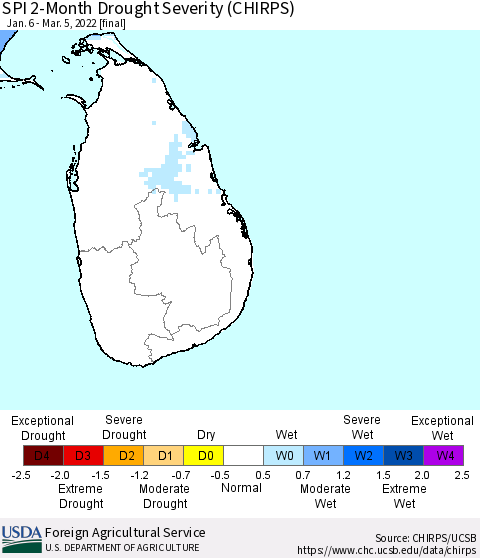 Sri Lanka SPI 2-Month Drought Severity (CHIRPS) Thematic Map For 1/6/2022 - 3/5/2022