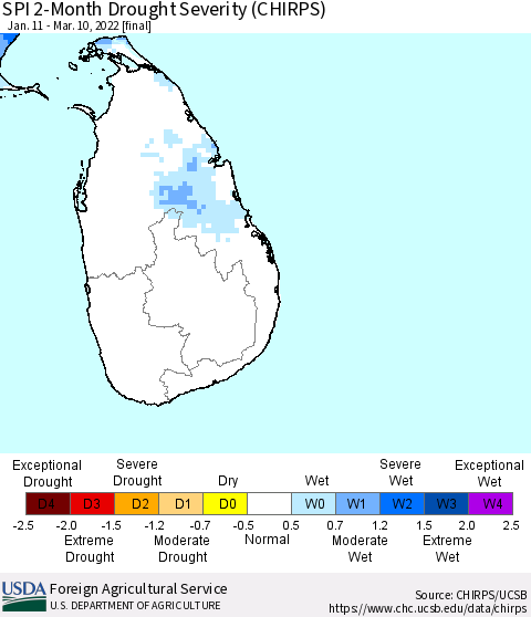 Sri Lanka SPI 2-Month Drought Severity (CHIRPS) Thematic Map For 1/11/2022 - 3/10/2022