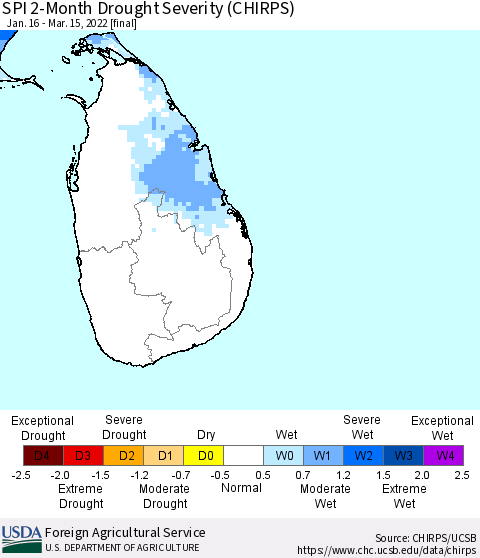 Sri Lanka SPI 2-Month Drought Severity (CHIRPS) Thematic Map For 1/16/2022 - 3/15/2022