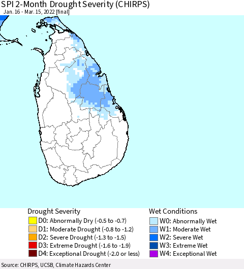 Sri Lanka SPI 2-Month Drought Severity (CHIRPS) Thematic Map For 1/16/2022 - 3/15/2022