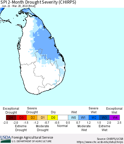 Sri Lanka SPI 2-Month Drought Severity (CHIRPS) Thematic Map For 1/21/2022 - 3/20/2022