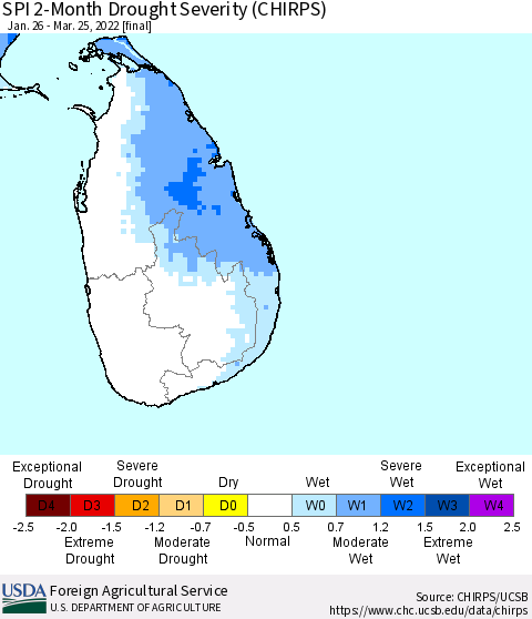 Sri Lanka SPI 2-Month Drought Severity (CHIRPS) Thematic Map For 1/26/2022 - 3/25/2022